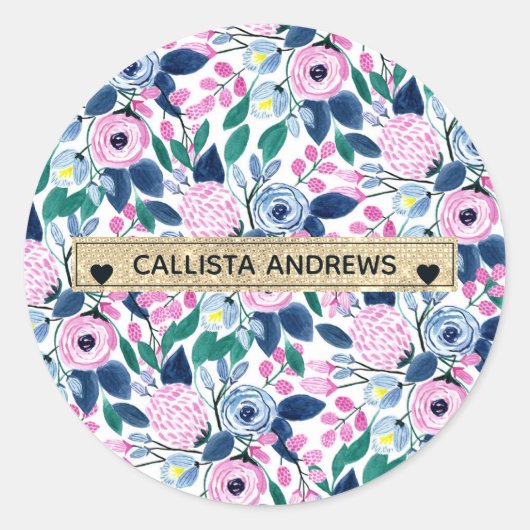 Sweet Pink Navy Blume Watercolor Gold Monogram Runder Aufkleber (Vorderseite)
