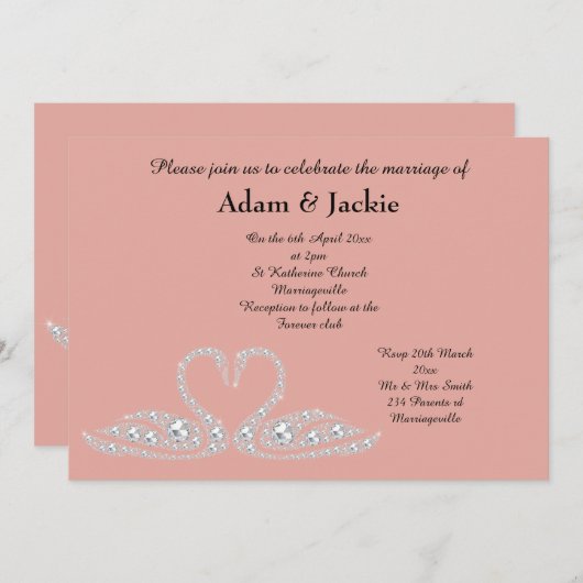 SWEET PINK PEACH SWAN ELEGANT WEDING EINLADUNG (Vorne/Hinten)