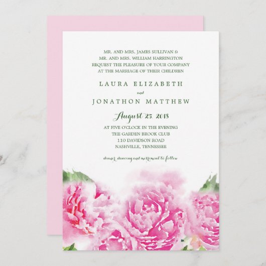 Sweet Pink Peonies Wasserfarbe | Hochzeit Einladung (Vorne/Hinten)