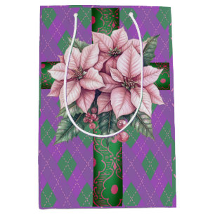 Sweet Pink Pointsettias Lila Karierte Weihnachten Mittlere Geschenktüte