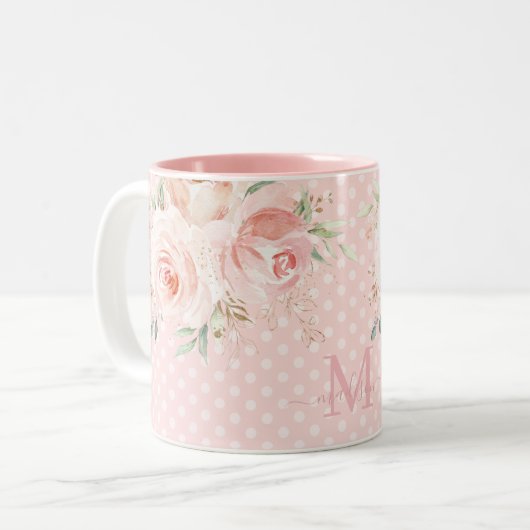 Sweet Pink Polka Dots Blush Rose Blumenmonogramm Zweifarbige Tasse (Vorderseite Links)