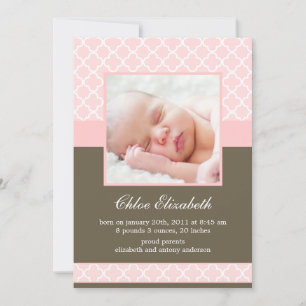 Sweet Pink Quatrefoil Girl Foto Birth Ankündigung