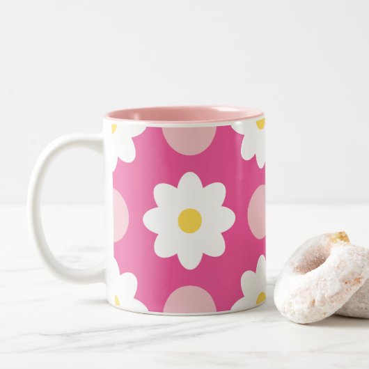 Sweet Pink Retro Floral Muster Zweifarbige Tasse (Mit Donut)