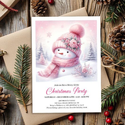 Sweet Pink Snowman Editable Christmas Invite Snowy Einladung