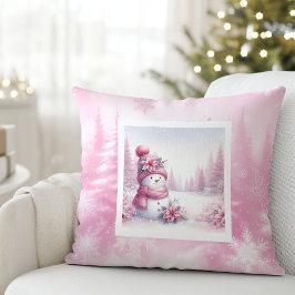 Sweet Pink Snowman Pillow Cute Christmas Scene Kissen