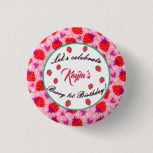 Sweet Pink Strawberry First Birthday Girl Party Button