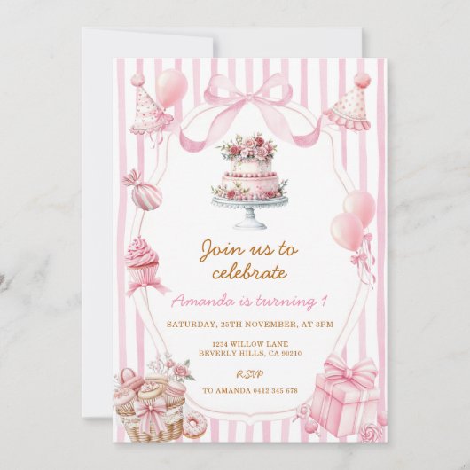 Sweet Pink Stripe Bow Girl Birthday Invitation Einladung (Vorderseite)