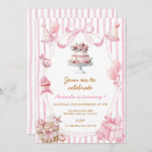 Sweet Pink Stripe Bow Girl Birthday Invitation Einladung (Vorne/Hinten)