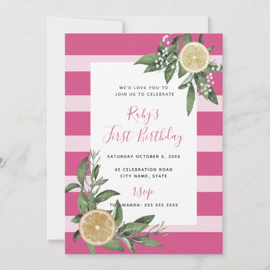 Sweet Pink Stripe Lemon Citrus Erster Geburtstag Einladung (Vorderseite)