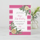 Sweet Pink Stripe Lemon Citrus Erster Geburtstag Einladung (Stehend Vorderseite)