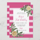 Sweet Pink Stripe Lemon Citrus Erster Geburtstag Einladung (Vorne/Hinten)
