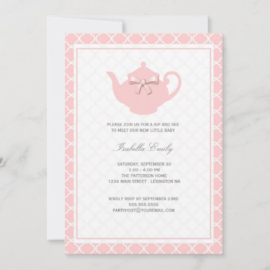 Sweet Pink Teapot Baby Sip & See Tea Party Einladung (Vorderseite)