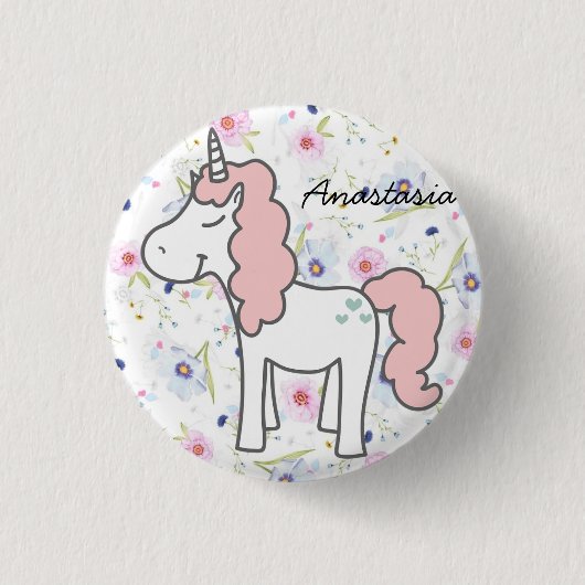 Sweet Pink Unicorn, Blume und Ihr Name Button (Vorderseite)