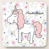 Sweet Pink Unicorn, Blume und Ihr Name Getränkeuntersetzer (Vorderseite)