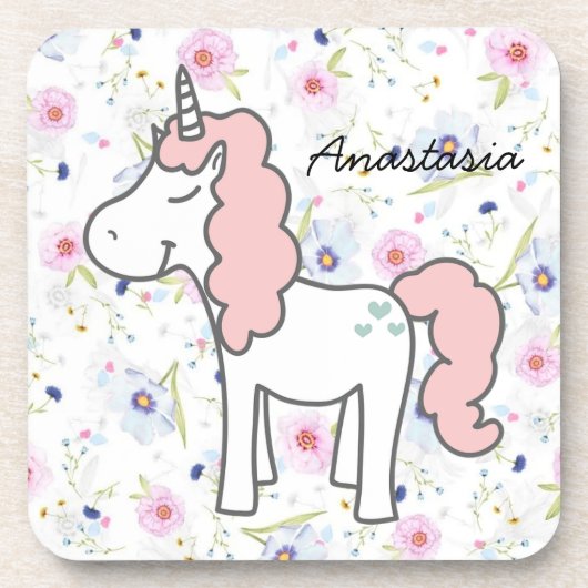 Sweet Pink Unicorn, Blume und Ihr Name Getränkeuntersetzer (Vorderseite)