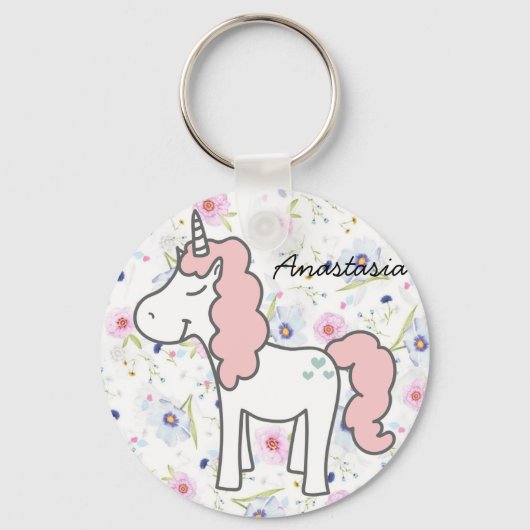 Sweet Pink Unicorn, Blume und Ihr Name Schlüsselanhänger (Vorderseite)
