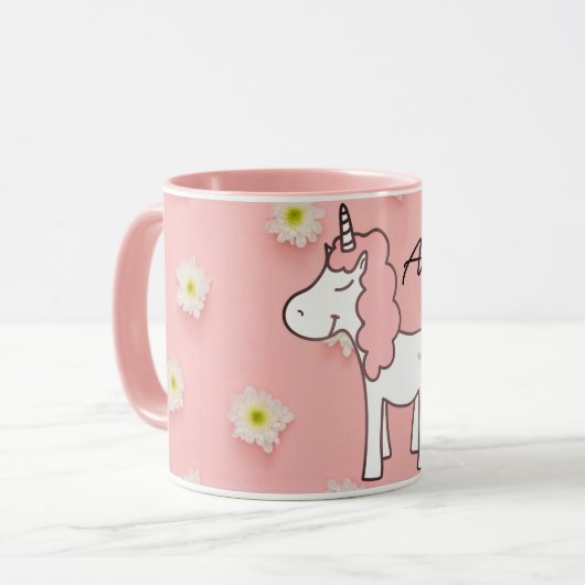 Sweet Pink Unicorn, Blume und Ihr Name Tasse (Vorderseite Links)
