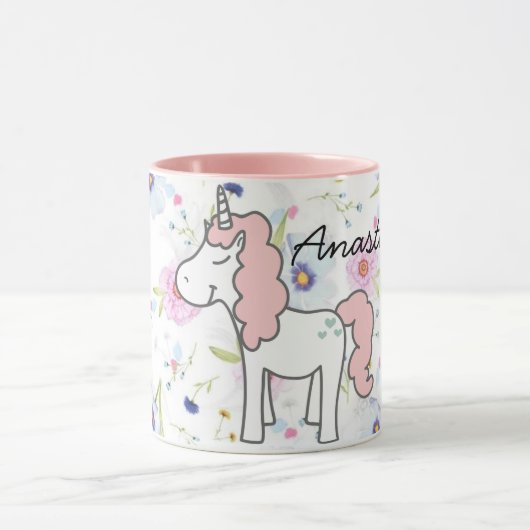 Sweet Pink Unicorn, Blume und Ihr Name Tasse (Zentrum)
