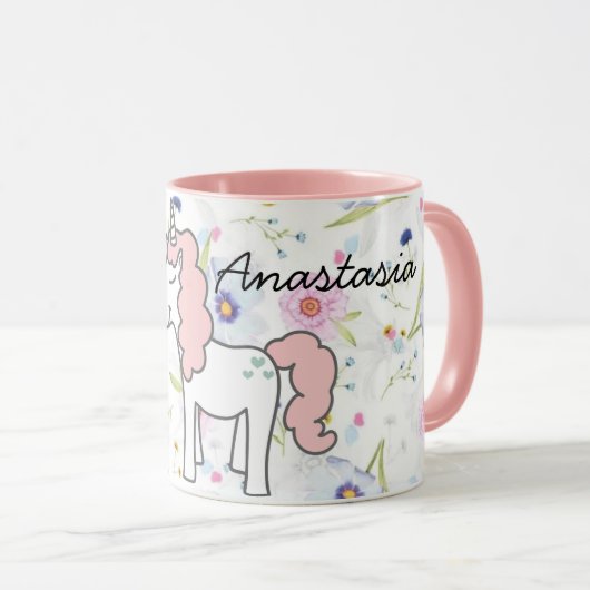 Sweet Pink Unicorn, Blume und Ihr Name Tasse (VorderseiteRechts)