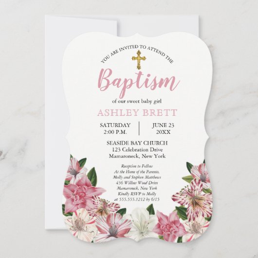 Sweet Pink | Weiße Vintage Blumentaufen Einladung (Vorderseite)