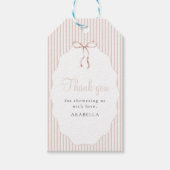Sweet Pinstriped Beige Bow Baby Shower Thank You Geschenkanhänger (Vorderseite)