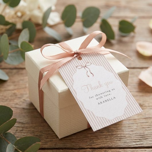 Sweet Pinstriped Beige Bow Baby Shower Thank You Geschenkanhänger
