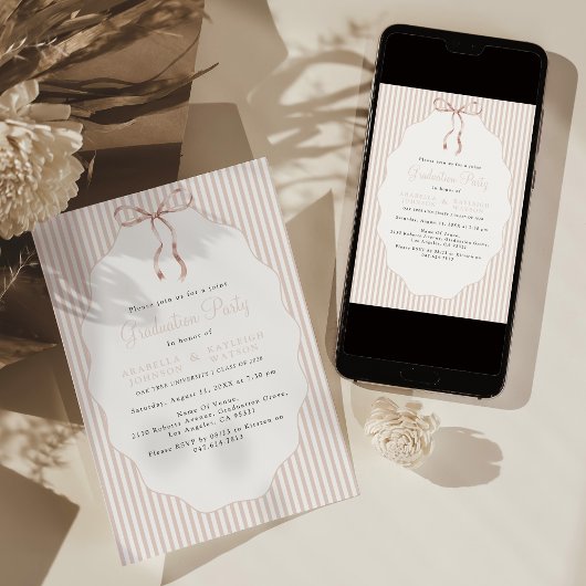 Sweet Pinstriped Beige Bow Joint Graduation Einladung