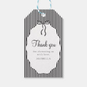 Sweet Pinstriped Black Bow Baby Shower Thank you Geschenkanhänger (Vorderseite)
