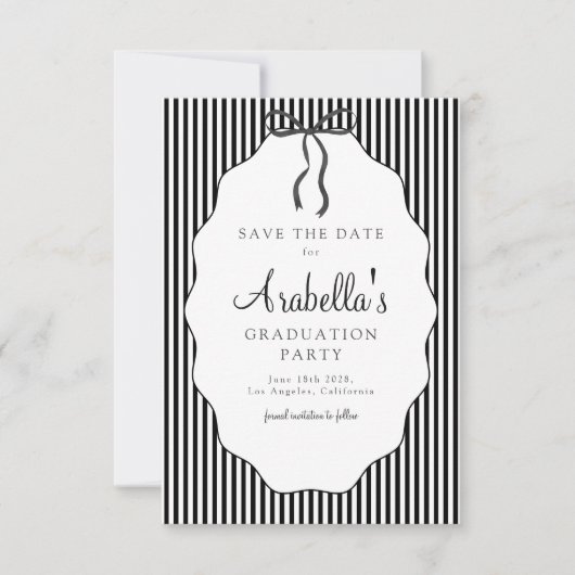 Sweet Pinstriped Black Bow Graduation Save The Date (Vorderseite)