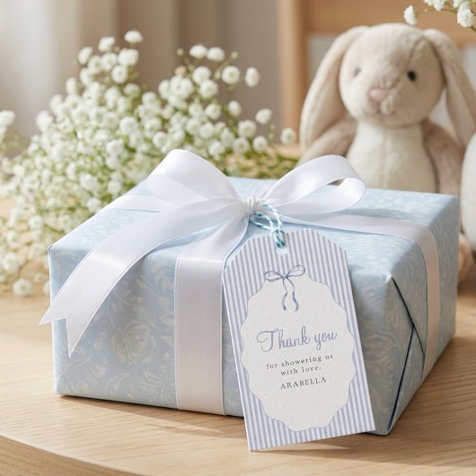 Sweet Pinstriped Blue Bow Baby Shower Thank You Geschenkanhänger