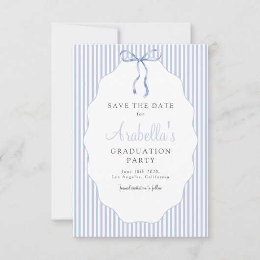 Sweet Pinstriped Blue Bow Graduation Save The Date (Vorderseite)