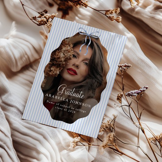 Sweet Pinstriped Blue Bow Photo Graduation Ankündigung