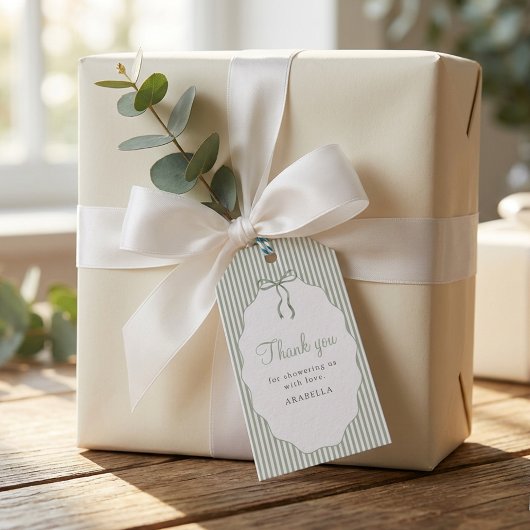 Sweet Pinstriped Green Bow Baby Shower Thank You Geschenkanhänger