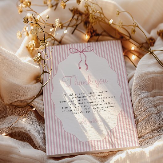 Sweet Pinstriped Pink Bow Graduation Dankeskarte