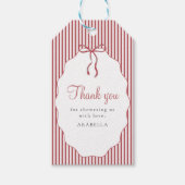 Sweet Pinstriped Red Bow Baby Shower Thank You Geschenkanhänger (Vorderseite)