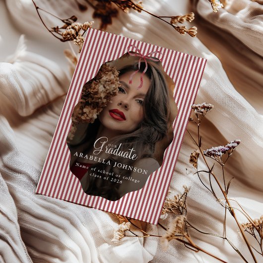 Sweet Pinstriped Red Bow Photo Graduation Ankündigung