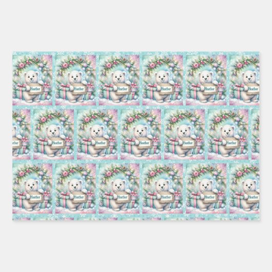Sweet Polar Bear Personalize Name Christmas 3 Geschenkpapier Set (Vorderseite 3)