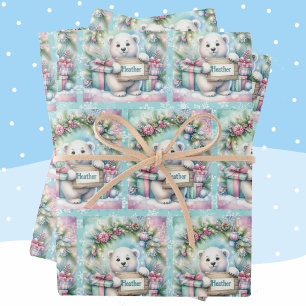 Sweet Polar Bear Personalize Name Christmas 3 Geschenkpapier Set