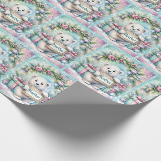 Sweet Polar Bear Personalize Name Christmas Roll Geschenkpapier (Ecke)