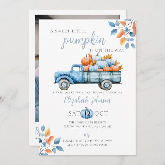 Sweet Pumpkin Blue Baby Dusche Foto QR Code Einladung (Vorne/Hinten)