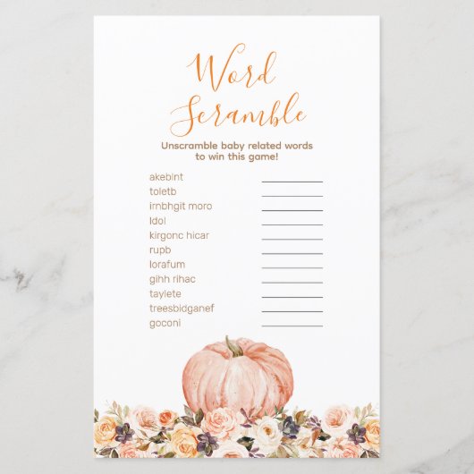 Sweet Pumpkin Rustic Floral Word Scramble (Vorderseite)