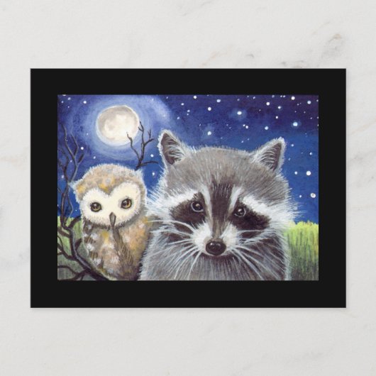 Sweet Raccoon and Owl Art Postkarte (Vorderseite)