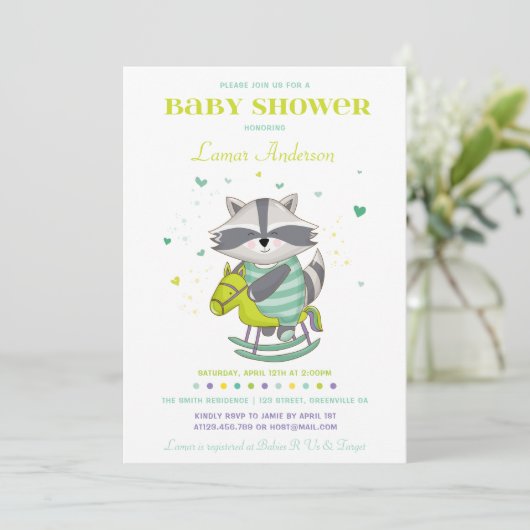 Sweet Raccoon Baby Dusche Einladung (Stehend Vorderseite)