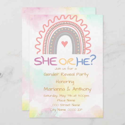 Sweet Rainbow Gender Reveal Party Einladung (Vorne/Hinten)