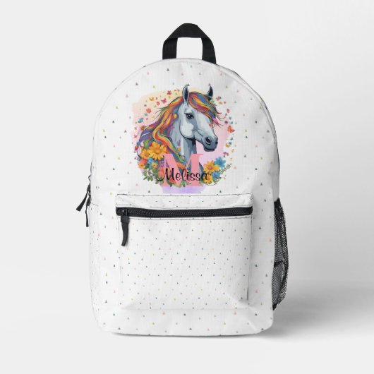Sweet Rainbow Horse Pink Name Monogram Animal Bedruckter Rucksack (Vorderseite)