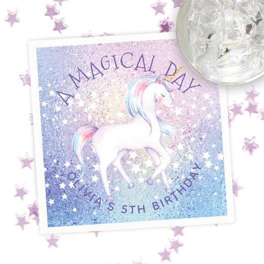 Sweet Rainbow Unicorn Glittery Birthday Party Name Serviette