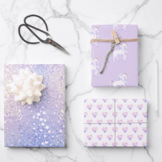 Sweet Rainbow Unicorn Hearts Glittery Geschenkpapier Set (Vorderseite)
