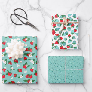 Sweet Red Blue Strawberries White Blume Muster Geschenkpapier Set
