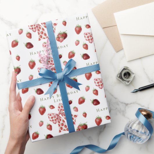 Sweet Red Strawberry Pink Bow Cute Birthday Geschenkpapier (Schenken)