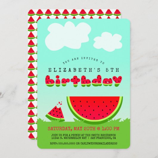Sweet Red Watermelon Kinder Sommerzeit Geburtstag Einladung (Vorne/Hinten)